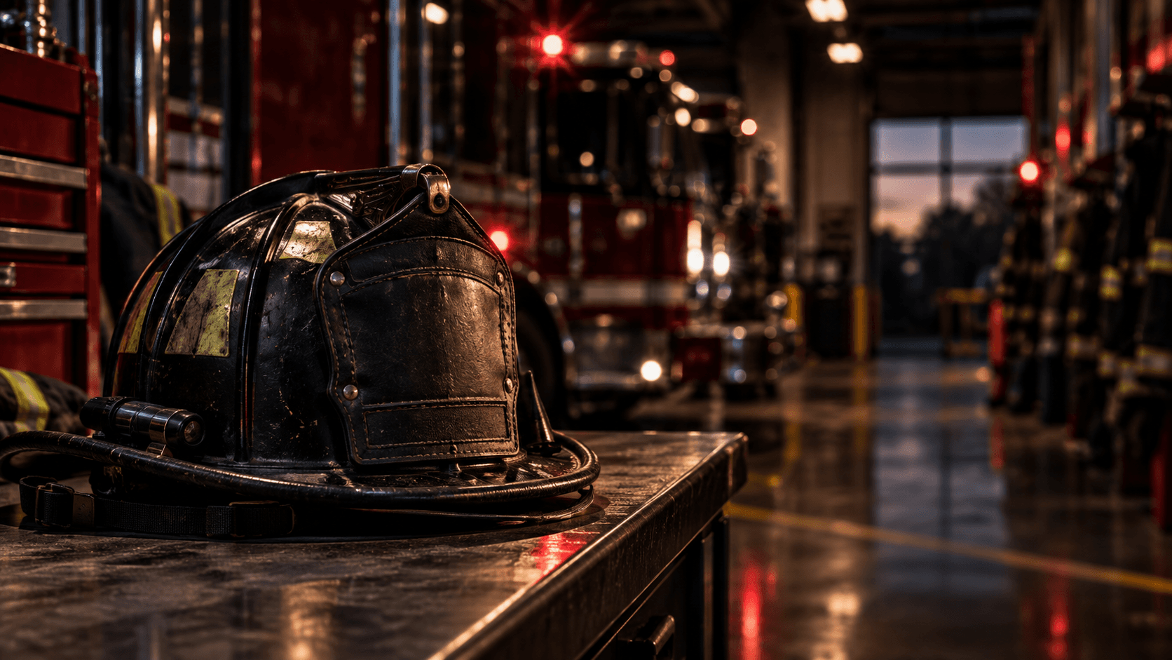 Firefighter helmet in a station